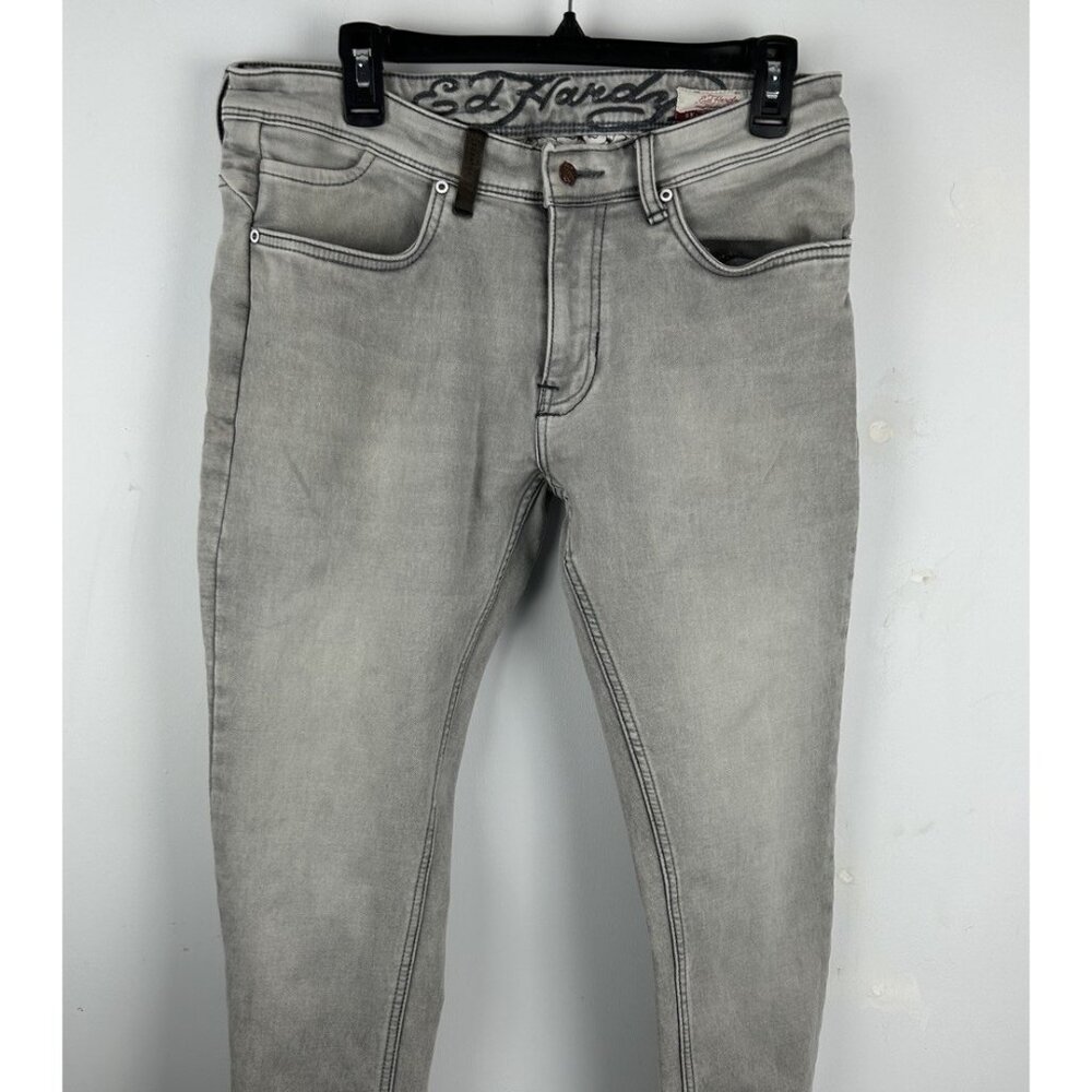 ED HARDY SKULLER Gray Wash Denim Straight Super Slim Jeans 34 Zip Fly